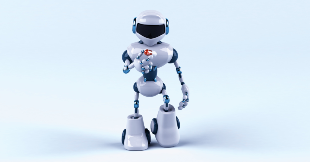 Modern AI robot with humanoid features and dynamic pose, showcasing next-gen technology.